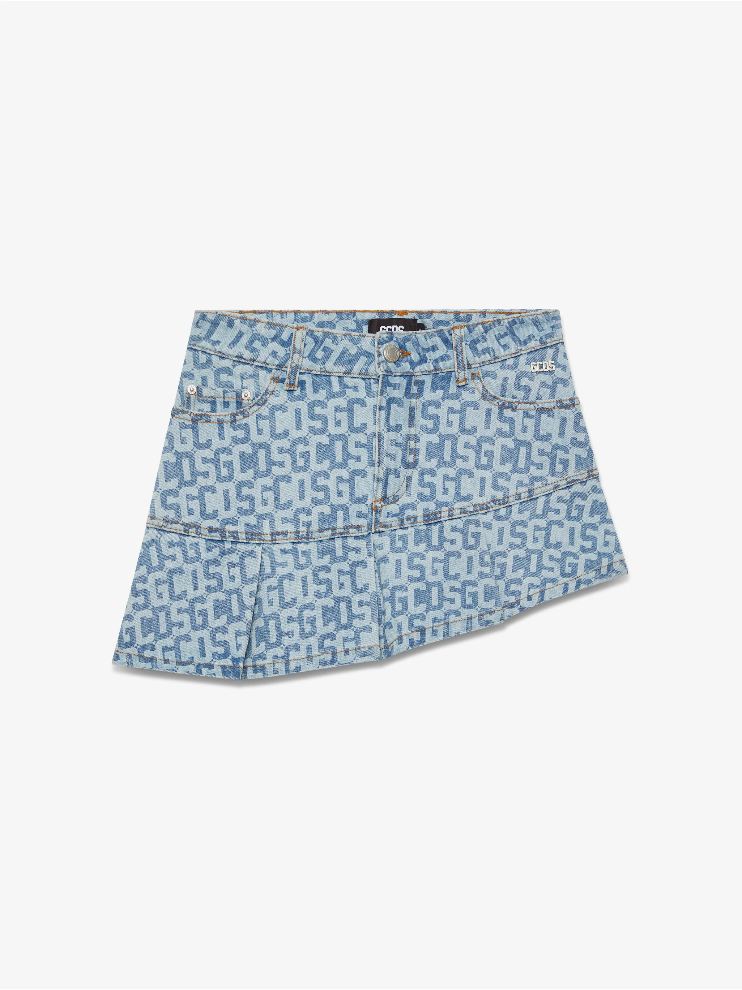 Gonna mini plissettata in denim monogram