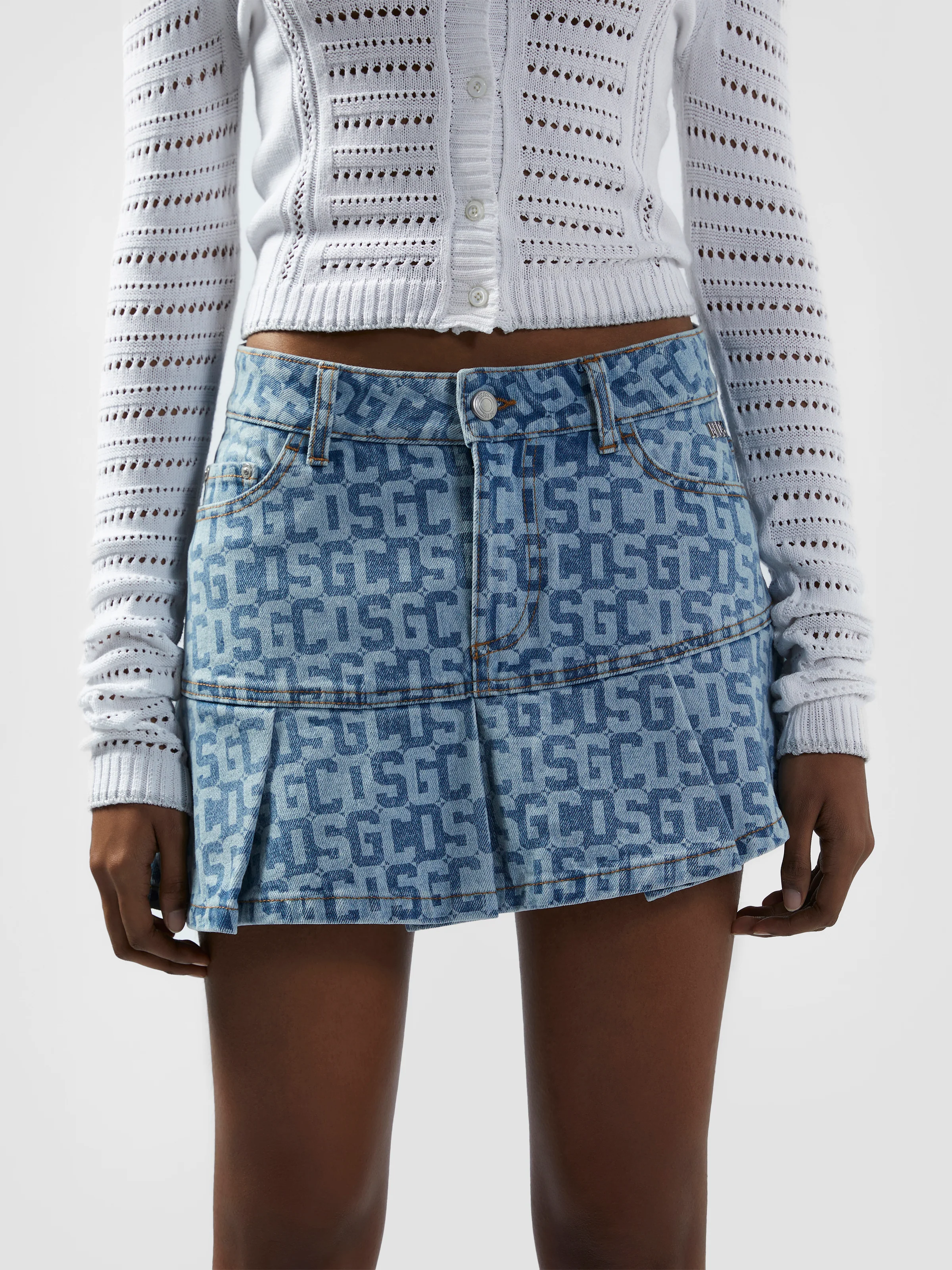 Gonna mini plissettata in denim monogram - Image 3