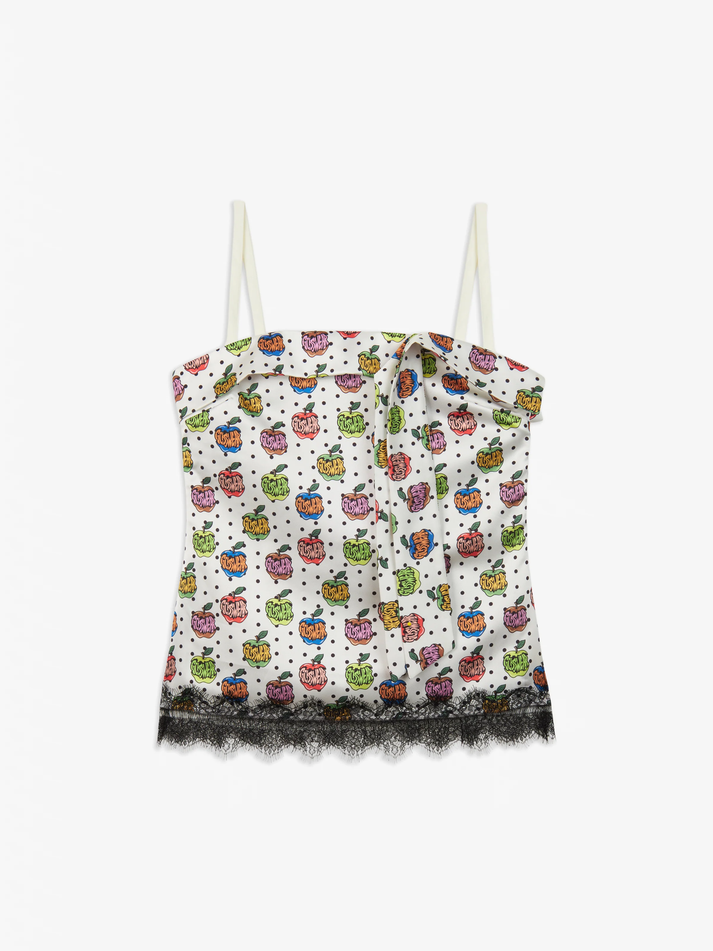 Top a fascia con stampa "Apple" all over e fiocco